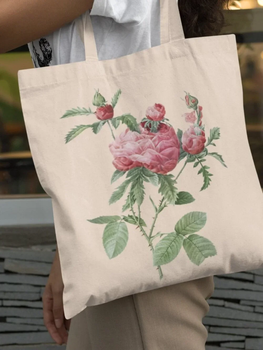 Cabbage Rose Vintage Floral Print Graphic Canvas Tote Bag